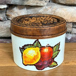 VTG Cheinco Fruit Harvest Tin Canister Plastic Wood Tone Lid Lemon Apple Plums